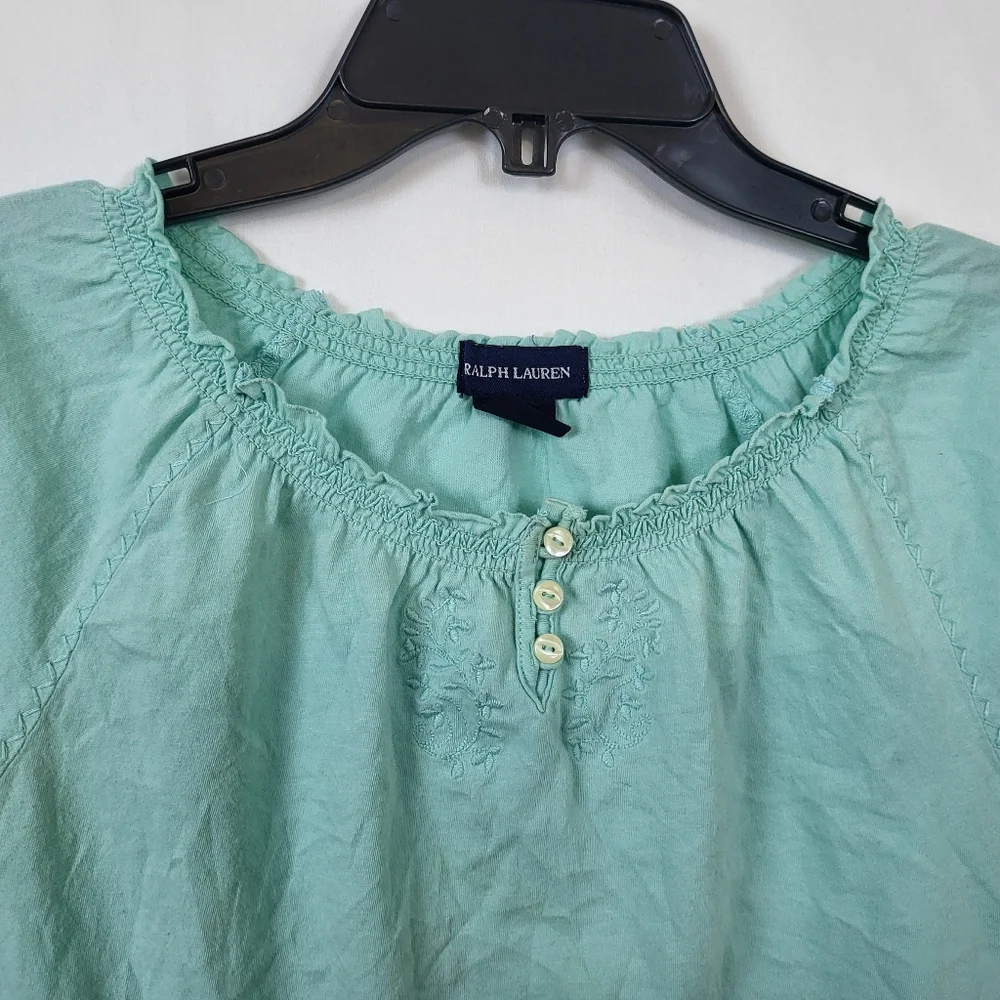 Ralph Lauren Girls Mint Green Ruffled Neck Puff Sleeve Peasant Blouse 4T Vintage